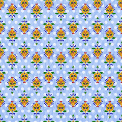 Colorful ornate seamless pattern on a blue background with dots. Vector