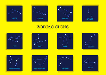 Zodiac signs. Horoscope set Aries, Taurus, Gemini, Cancer, Leo, Virgo, Libra, Scorpius, Sagittarius, Capricornus, Aquarius, Pisces. Vector illustration