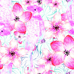 Pink parrots and flowers
