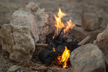 Burning fire wood charcoal in the fire. out door