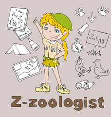 the professions zoologist in alphabetical order cartoon hand drawn outline for coloring adult isolated on the background