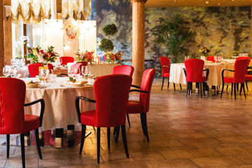 Decorated table, vases of flowers. Close up. Wedding concept