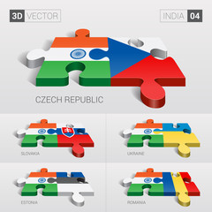 India and Czech, Slovakia, Ukraine, Estonia, Romania Flag. 3d vector puzzle. Set 04.