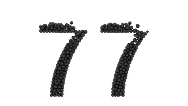 Ornamental number 77, seventy-seven, formed of densely packed small black spheres with a partial edge at the top with missing balls isolated on white