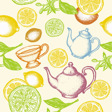 Tea seamless pattern hand drawn ink vintage vector