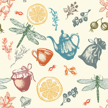 Herbal tea seamless pattern vector botanical decorative vintage