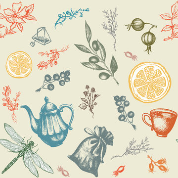 Herbal tea seamless pattern