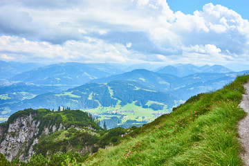 Fototapeta na wymiar beautiful valleys in the mountains of Austria / Amazing view off the Wilder Kaiser - a hiking area in Europe