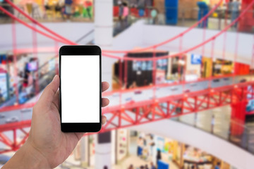 man hand holding the phone and white screen with blur background