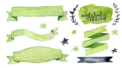 Watercolor vector collection green ribbons, label, floral elements, stars. Hand drawn watercolor design elements isolated on white background.     © spacewo
