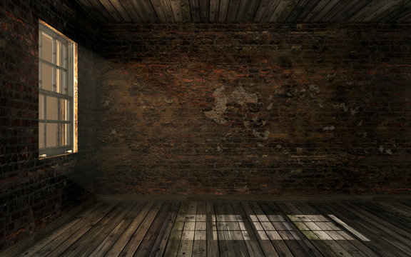 Empty dark old abandoned room with old cracked brick wall and old hardwood floor with volume light through window pane. Huanted room in dark atmosphere with dim light, 3D rendering