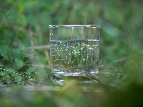 Water in a glass among the thick green grass. The air bubbles