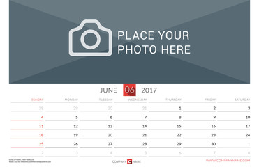 Wall Monthly Calendar for 2017 Year. Vector Design Print Template. Week Starts Sunday. Landscape Orientation. June