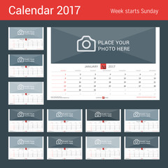 Wall Monthly Calendar for 2017 Year. Vector Design Print Template. Week Starts Sunday. Landscape Orientation. Set of 12 Months