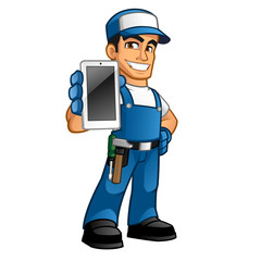 Handyman wearing work clothes and a belt, he has a smartphone