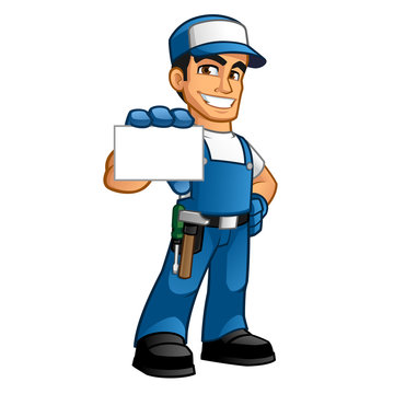 Handyman wearing work clothes and a belt, he has a business card