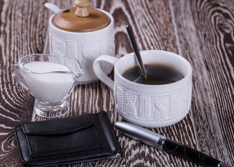 aromatic black coffee on the wooden table