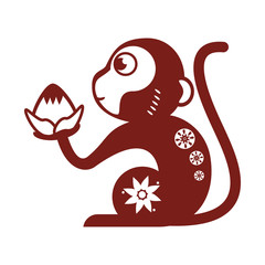 flat design single monkey holding lotus flowericon vector illustration