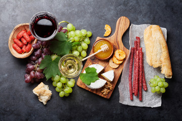 Wine, grape, cheese, sausages