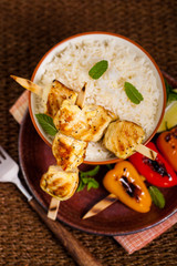 Chicken Kebab or Kabob Skewers with Rice. Selective focus. 