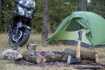 Traveling on a motorcycle.