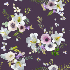 Vintage Lily and Anemone Flowers Background - Summer Seamless Pattern