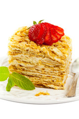 Puff Pastry Napoleon Cake Isolated on a white background. Selective focus.