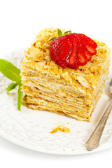 Puff Pastry Napoleon Cake Isolated on a white background. Selective focus.