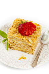 Puff Pastry Napoleon Cake Isolated on a white background. Selective focus.