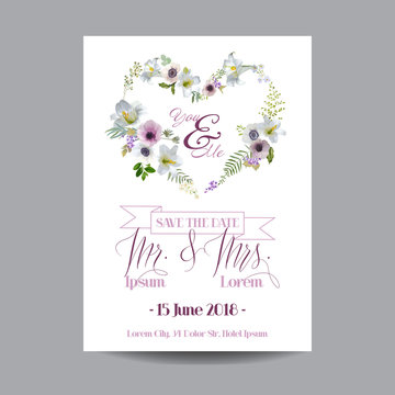 Save the Date Wedding Card.  Lily and Anemone Flowers. Vector Flowers