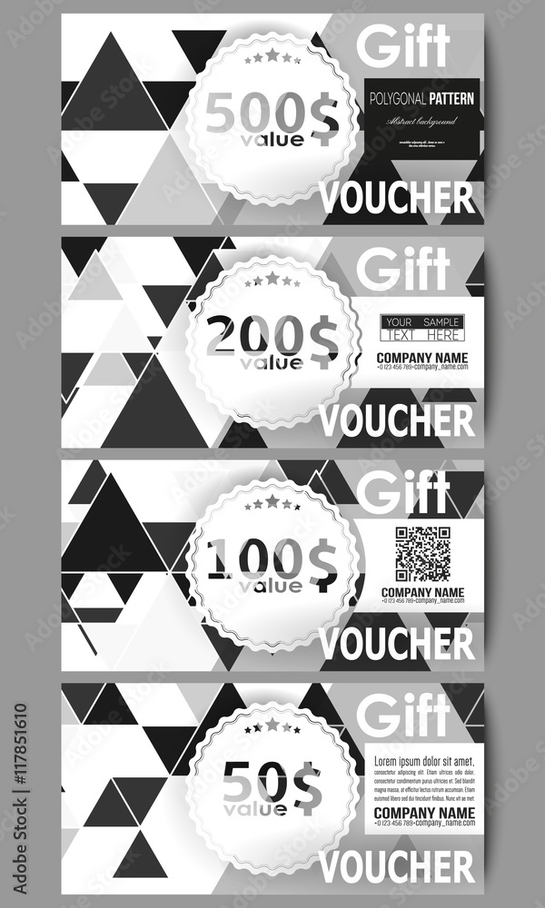 Poster set of modern gift voucher templates. triangular vector pattern. abstract black triangles on white b