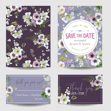 Vintage Lily and Anemone Flowers Geometric Background - Summer Background