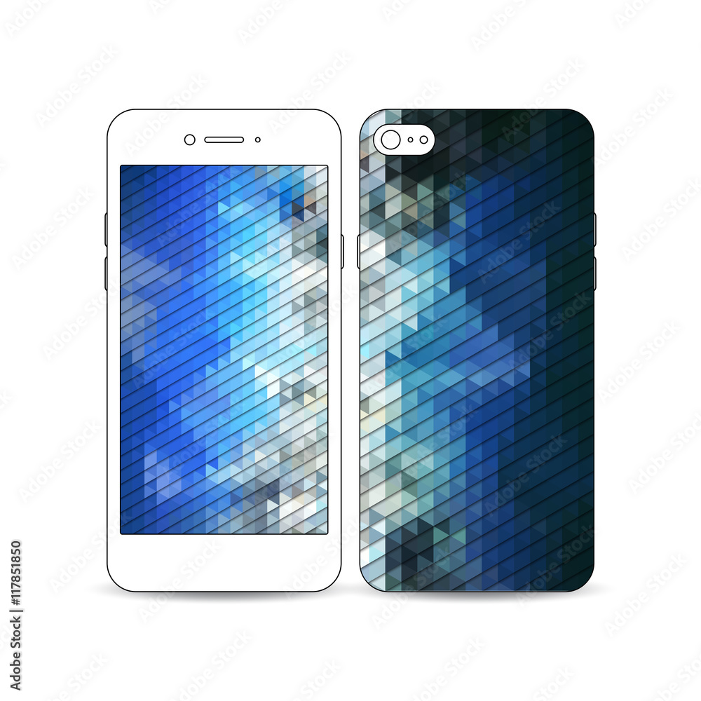Poster mobile smartphone with an example of the screen and cover design isolated on white. abstract colorfu
