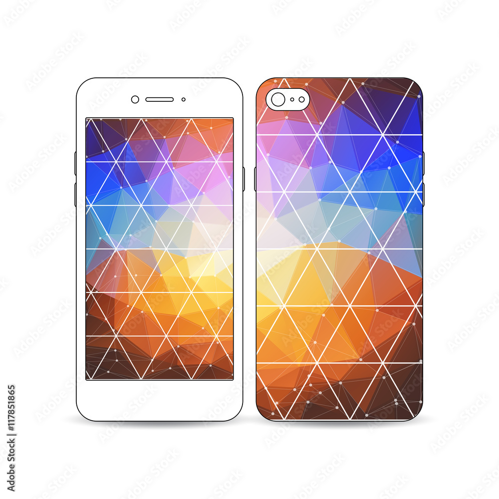 Poster mobile smartphone with an example of the screen and cover design isolated on white. abstract colorfu