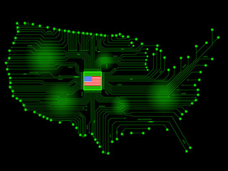 Abstract map of United States with electric circuits