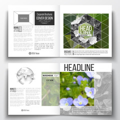 Set of annual report business templates for brochure, magazine, flyer or booklet. Polygonal floral background, blurred image, blue flowers in green grass closeup, modern triangular texture