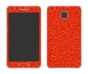 Design mobile phone with a red an outer wrapper with a red heart with a camera on the back and a big black screen and a speaker on a white background. Touchscreen smartphone