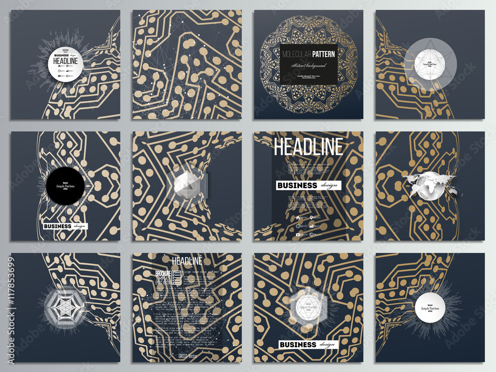 Poster set of 12 creative cards, square brochure template design. golden microchip pattern with connecting 
