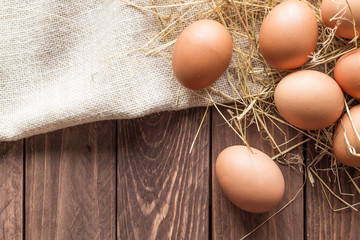Chicken eggs on a linen napkin © ozhukovaphoto
