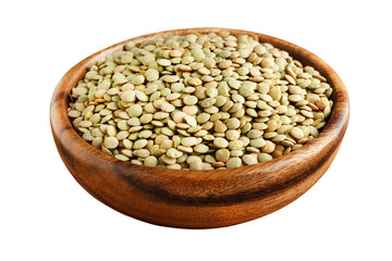 Green lentil in a wooden bowl