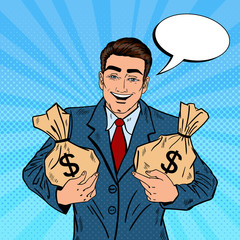 Smiling Businessman Holding Money Bags. Pop Art Vector illustration