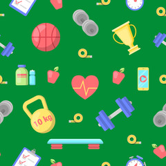 Healthy Lifestyle Fitness Icon Seamless Pattern. Vector background