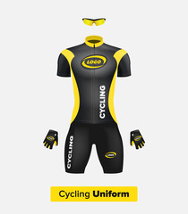 Realistic vector cycling uniform template. Black and yellow. Branding mockup. Bike or Bicycle clothing and equipment. Special kit - short sleeve jersey, gloves and sunglasses. Front view