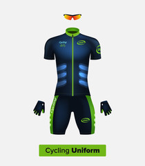 Fototapeta na wymiar Realistic vector cycling uniform template. Blue and green. Branding mockup. Bike or Bicycle clothing and equipment. Special kit - short sleeve jersey, gloves and sunglasses. Front view.