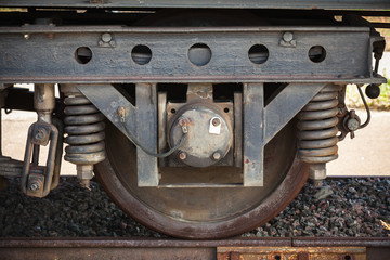 Dark railway carriage wheel with suspension details