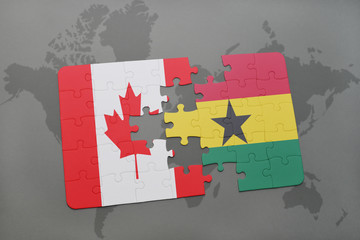 puzzle with the national flag of canada and ghana on a world map background.