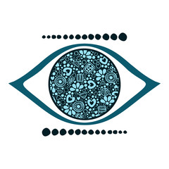 Vector blue ornamental decorative illustration of human eye, isolated on the white background.