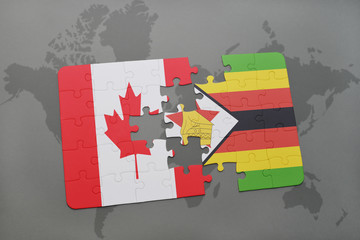 puzzle with the national flag of canada and zimbabwe on a world map background.