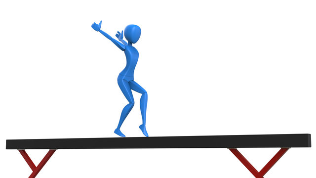 Blue Gymnast Performing  On Balance Beam - Landing A Jump Pose - 3D Illustration