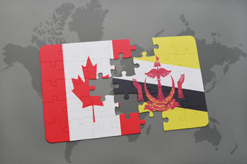 puzzle with the national flag of canada and brunei on a world map background.